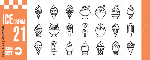 Ice cream icon set collection of 21 vector icons of different types of ice cream, such as cone, sundae, popsicle, and more perfect for menu design, or food related projects