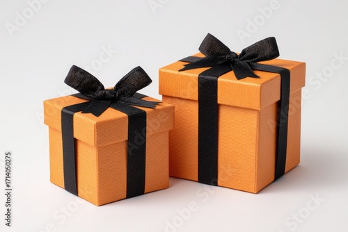 Two orange gift boxes, one slightly smaller than the other, are positioned side-by-side on a white background.  Both boxes feature black ribbon bows and wide black satin ribbon