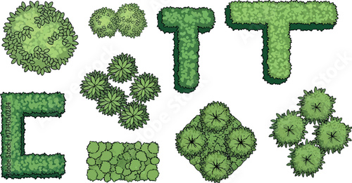 Vector art of top view of various green bushes and hedges