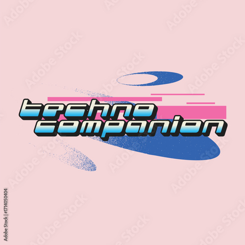 Bold Futuristic Typography of ''Techno Companion" with Abstract Beams and Glitched Solid, Y2K Style Pink and Blue Banner