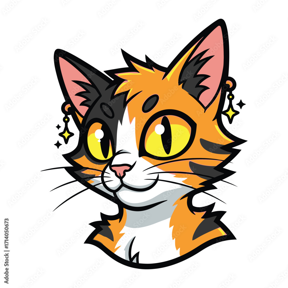 Fototapeta premium Whiskered Wonder: An artistically crafted, captivating cartoon depiction of a calico cat, adorned with delicate earrings, exhibiting a friendly demeanor.