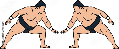 Two sumo wrestlers in black mawashi face each other in a ready stance, presented in a simple illustration style against a bright white background, ideal for sport and culture-related content.