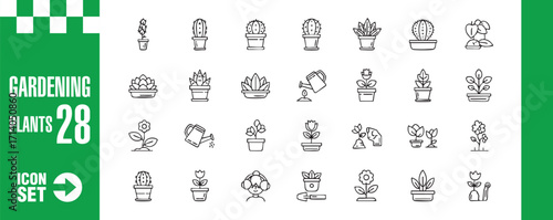 A set of gardening plants icons, featuring various potted plants, flowers, and gardening tools, perfect for botanical and horticultural designs
