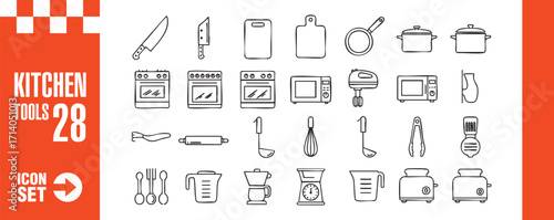 A set of kitchen tools icons, featuring various utensils and appliances for cooking and baking, perfect for culinarythemed designs and illustrations