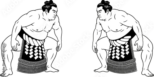 Two imposing sumo wrestlers are facing each other in a stylized black and white illustration, showcasing traditional sporting culture for educational or illustrative design purposes.