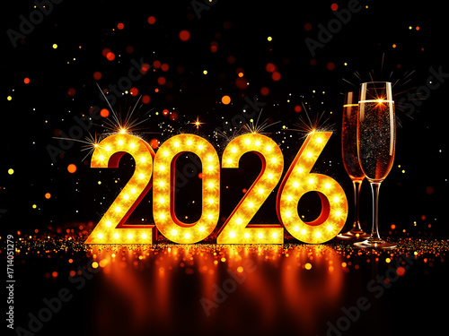 Glowing 2026 New Year Celebration with Champagne Glasses and Sparkling Lights on Dark Background