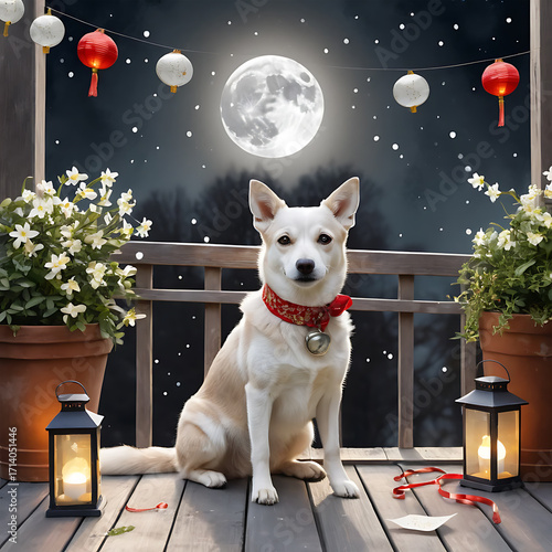 Cute Dog with Red Collar Sitting on a Festive Porch at Night Under Full Moon with Lanterns and Flowers