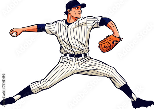 Illustrated baseball pitcher in pinstripe uniform throwing a ball with dynamic motion, isolated on white, creating an energetic and action-packed image perfect for sports themed marketing.