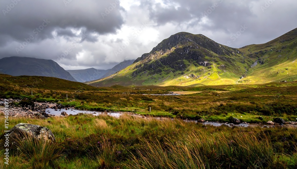 Fototapeta premium A breathtaking vista of rolling hills and a meandering stream, bathed in sunlight filtering through dramatic clouds.