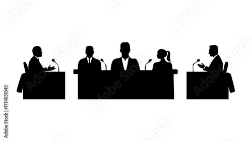Silhouette illustration of a panel discussion with five people and microphones on a white background