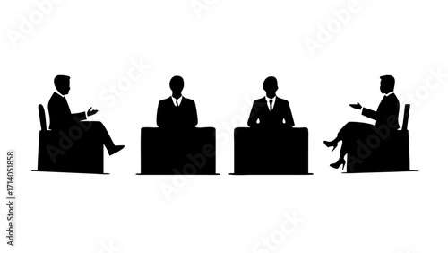 Silhouette illustration of four people in suits sitting at desks in a formal setting or interview panel