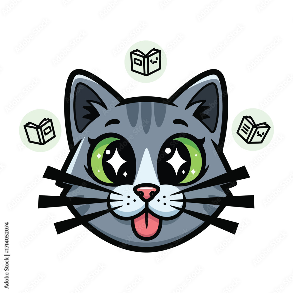 Fototapeta premium Cat Reading: A charming cartoon cat with a playful expression, surrounded by floating books, symbolizing the joy of learning and reading.