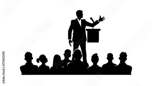 Silhouette of a speaker giving a presentation to an audience at a podium with a microphone in hand