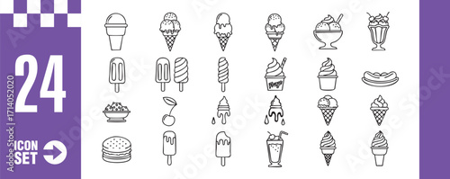 A delightful collection of 24 ice cream icons, , featuring various treats like cones, sundaes, and popsicles, perfect for summer designs and dessert menus