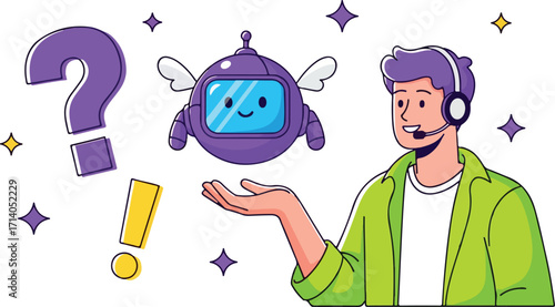 Customer service agent with a robot assistant isolated on white background