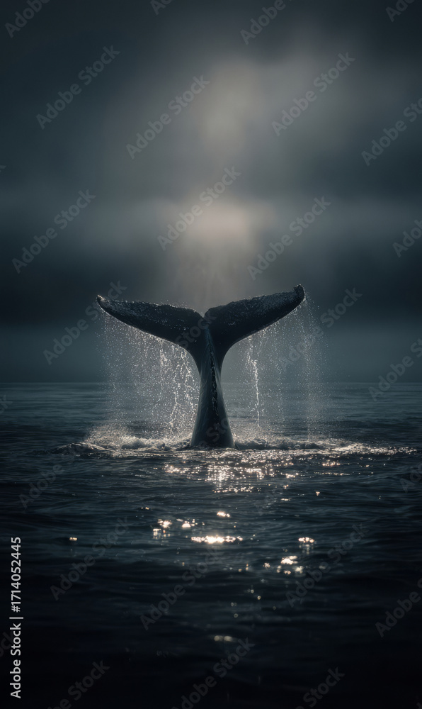 Fototapeta premium A dramatic image of a whale's tail (fluke) emerging from the ocean, water streaming off it into the sea. The scene is captured in low light, with the sunlight breaking through the misty sky, creating 