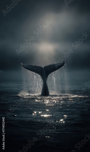A dramatic image of a whale's tail (fluke) emerging from the ocean, water streaming off it into the sea. The scene is captured in low light, with the sunlight breaking through the misty sky, creating 