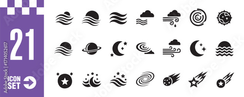 A set of 21 space and weather icons featuring sun, moon, stars, planet, cloud, wind, rain, comet, and galaxy in vector format for astronomy and meteorology