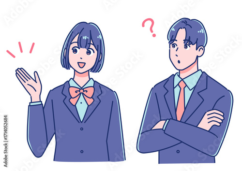 質問と答え、会話する男女の生徒
