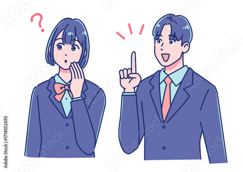 質問と答え、会話する男女の生徒