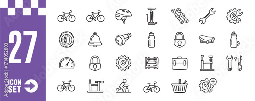 A set of bicycle icons featuring various bike parts and accessories, including bike, helmet, pump, wrench, gear, bell, lock, bottle, basket