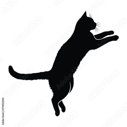 Cat Silhouette in Motion: A sleek black cat silhouette leaping gracefully mid-air, a striking image of agility and elegance. 