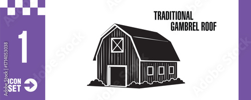 Traditional gambrel roof barn icon, a classic architectural symbol, perfect for representing rural life, agriculture, or adding a touch of vintage charm to designs