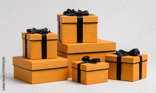 Several stacked,  orange gift boxes, adorned with black ribbons and bows