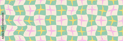 Abstract Y2K-style seamless background with pink and yellow star. A retro green checkerboard pattern with a groovy vibe, perfect for graphic design projects and textures.