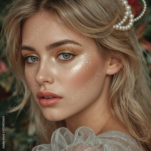 Golden Fantasy Makeup with Pearls
