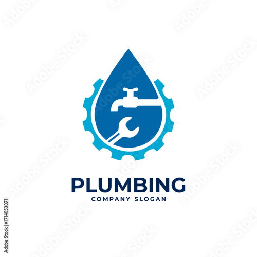 plumbing logo template with faucet wrench and water droplet