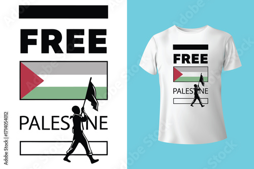 Graphic design and tshirt featuring free gaza free palestine slogan with national flag colors, promoting solidarity and awareness
