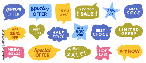 Sale promo label collection. Colorful speech bubbles with discount offers and price tags. Useful for banners and advertising