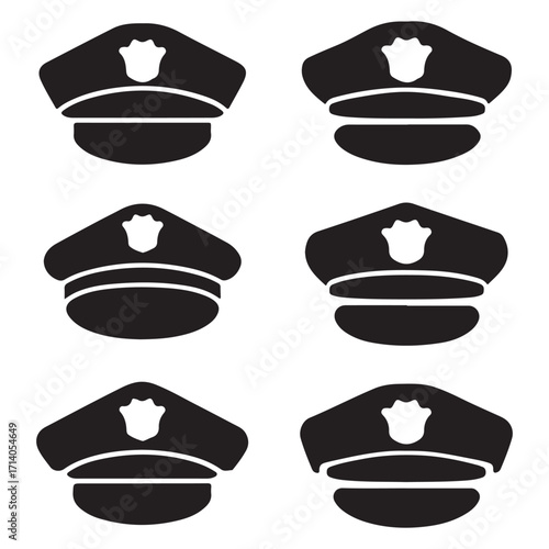 Police Officer Cap Silhouettes Vector Icons, Law Enforcement Uniform Hats Collection