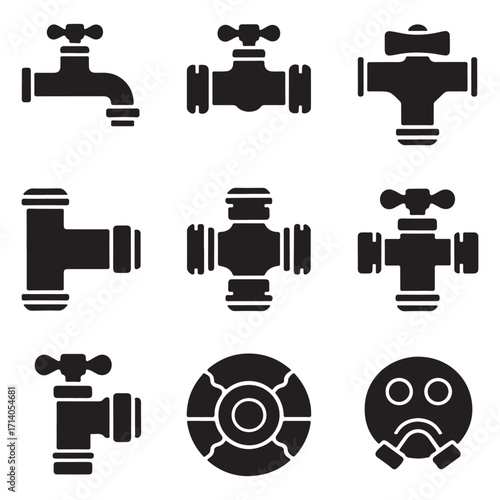 Water Valves and Pipe Connectors Silhouette Vector Set, Plumbing Fixtures and Hardware