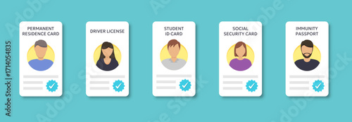 Identity card collection. Personal documents including driver license, student ID, social security and residence card