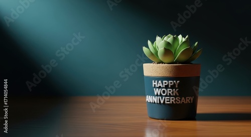 Succulent plant in pot with happy work anniversary inscription