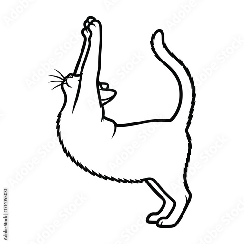 Joyful Cat's Stretch: A playful depiction of a domestic cat stretching gracefully, with a paw reaching upward, exudes joy and lightheartedness, emphasizing the bond with animal