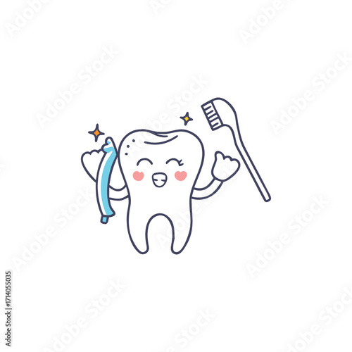 Happy cartoon tooth brushing with toothpaste and toothbrush