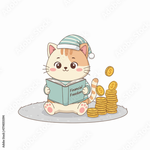 Cute Cartoon Cat Reading about Financial Freedom with Stacks of Coins