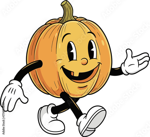 Friendly orange pumpkin cartoon character walking with a cheerful expression, outlined in black with white gloves and shoes on a white background, great for holiday themed design projects.