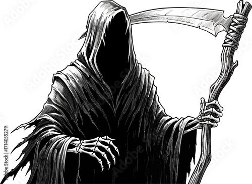 Grim reaper illustration in dark robe with skeleton hands holding a scythe, creating a spooky, monochrome image with artistic style suitable for Halloween or gothic themed designs.