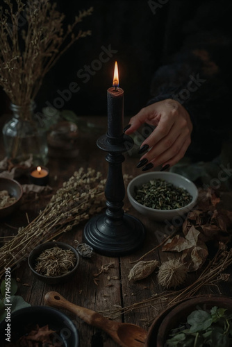 Witch Holding Burning Herbal Candle – Esoteric Ritual