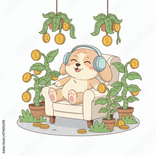 Relaxing in Riches A cheerful cartoon dog in headphones finds blissful comfort surrounded by flourishing money plants, embodying financial well-being and a serene prosperity