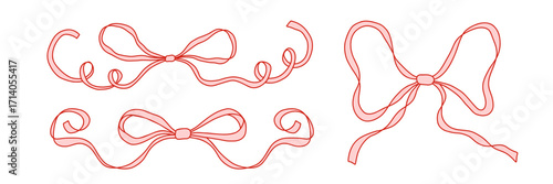 Set of hand drawn ribbon bows in coquette style. Cute feminine decorative elements for digital design, scrapbooking, planners, invitations, packaging, and social media. Isolated on white vector art
