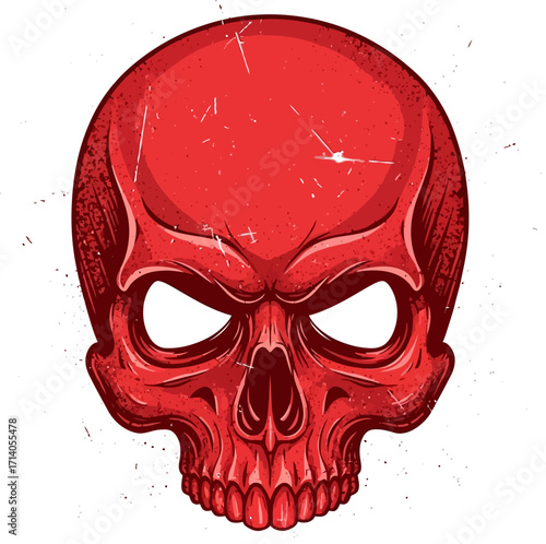 A detailed red skull illustration with a menacing expression is isolated against a white background, creating a dramatic and edgy feel perfect for graphic design and tattoo art.
