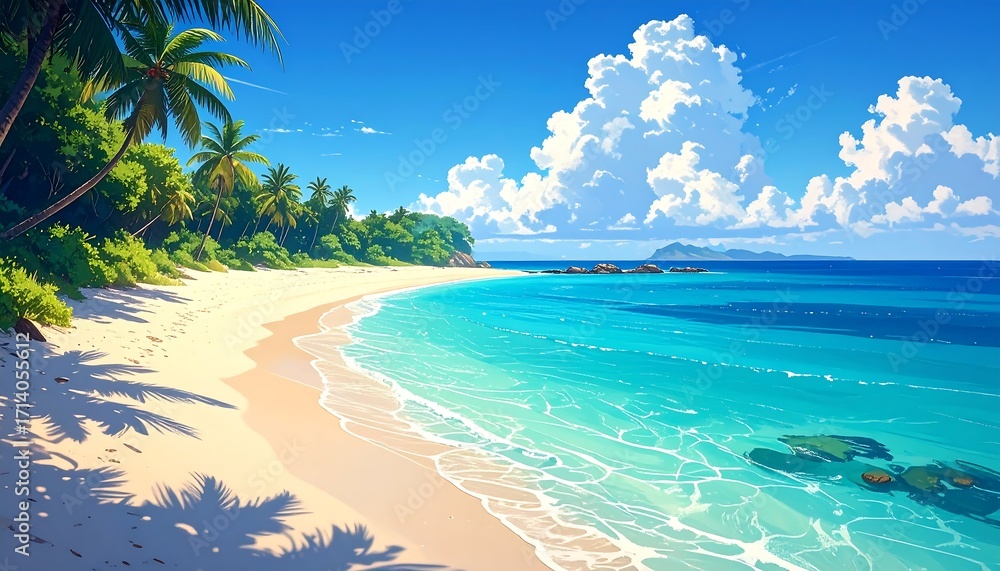 Fototapeta premium An idyllic coastal scene features a curving white sand beach fringed with palm trees and lush vegetation, under a bright blue sky