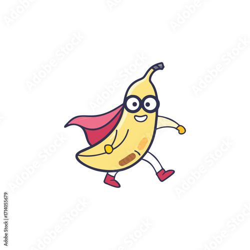 Cartoon superhero banana with glasses and cape running
