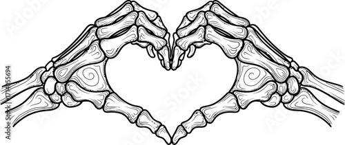 Skeleton hands are forming a heart shape in black and white line art, creating a spooky and playful feeling perfect for Halloween designs and themed illustrations.
