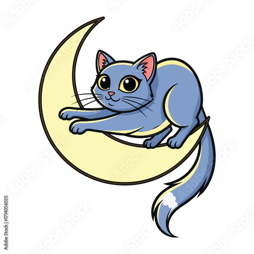 Moonlit Serenity: A whimsical illustration depicts a serene grey cat, basking on a crescent moon, exuding calm and wonder.